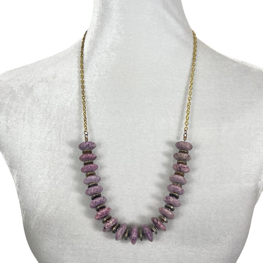 Gold Tone Chain Necklace With Purple Lavander Marble Disk Beads